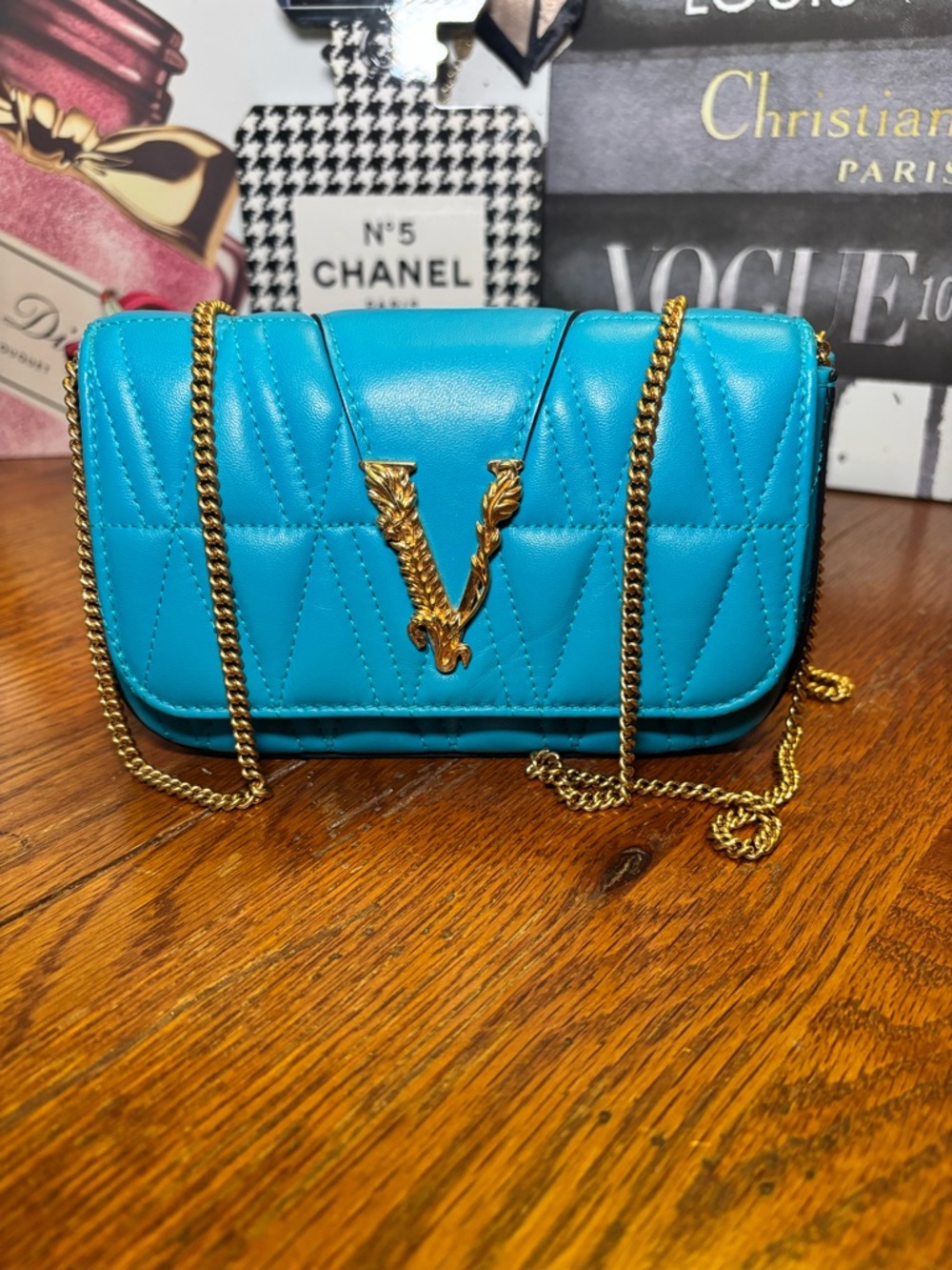 Versace V-Emblem Mini Quilted Leather Crossbody Bag Blue/Teal Made in Italy